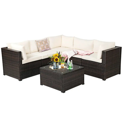 6 Pieces Patio Furniture Sofa Set with Cushions for Outdoor-Beige - Beige - Outdoor Sectionals