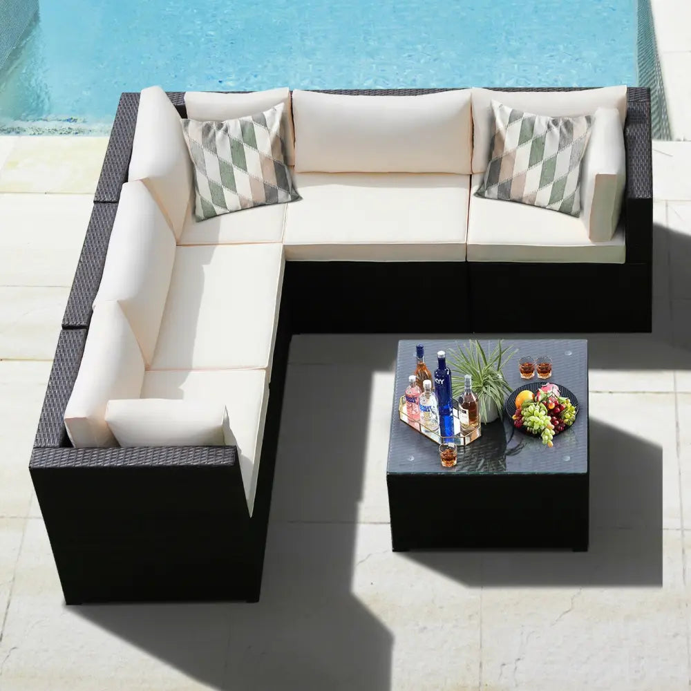 6 Pieces Patio Furniture Sofa Set with Cushions for Outdoor-Beige - Beige - Outdoor Sectionals