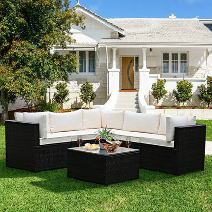 6 Pieces Patio Furniture Sofa Set with Cushions for Outdoor-Beige - Beige - Outdoor Sectionals
