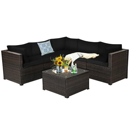 6 Pieces Patio Furniture Sofa Set with Cushions for Outdoor-Black - Black - Outdoor Sectionals