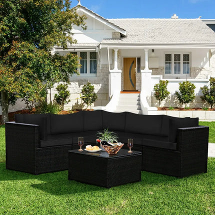 6 Pieces Patio Furniture Sofa Set with Cushions for Outdoor-Black - Black - Outdoor Sectionals