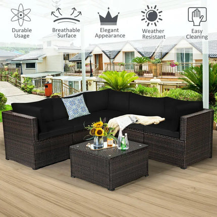 6 Pieces Patio Furniture Sofa Set with Cushions for Outdoor-Black - Black - Outdoor Sectionals
