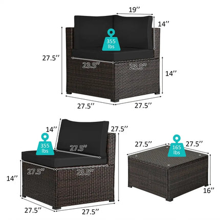 6 Pieces Patio Furniture Sofa Set with Cushions for Outdoor-Black - Black - Outdoor Sectionals