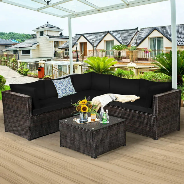6 Pieces Patio Furniture Sofa Set with Cushions for Outdoor-Black - Black - Outdoor Sectionals