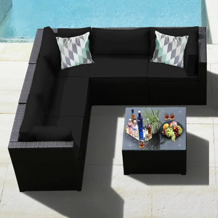 6 Pieces Patio Furniture Sofa Set with Cushions for Outdoor-Black - Black - Outdoor Sectionals