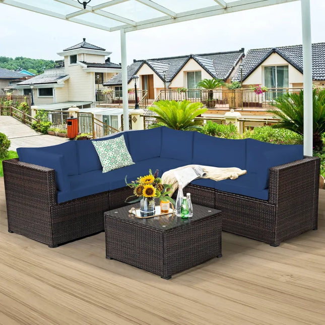 6 Pieces Patio Furniture Sofa Set with Cushions for Outdoor-Navy - Navy - Outdoor Sectionals