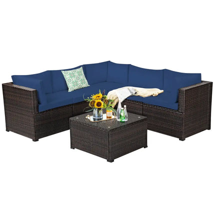 6 Pieces Patio Furniture Sofa Set with Cushions for Outdoor-Navy - Navy - Outdoor Sectionals