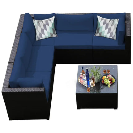 6 Pieces Patio Furniture Sofa Set with Cushions for Outdoor-Navy - Navy - Outdoor Sectionals