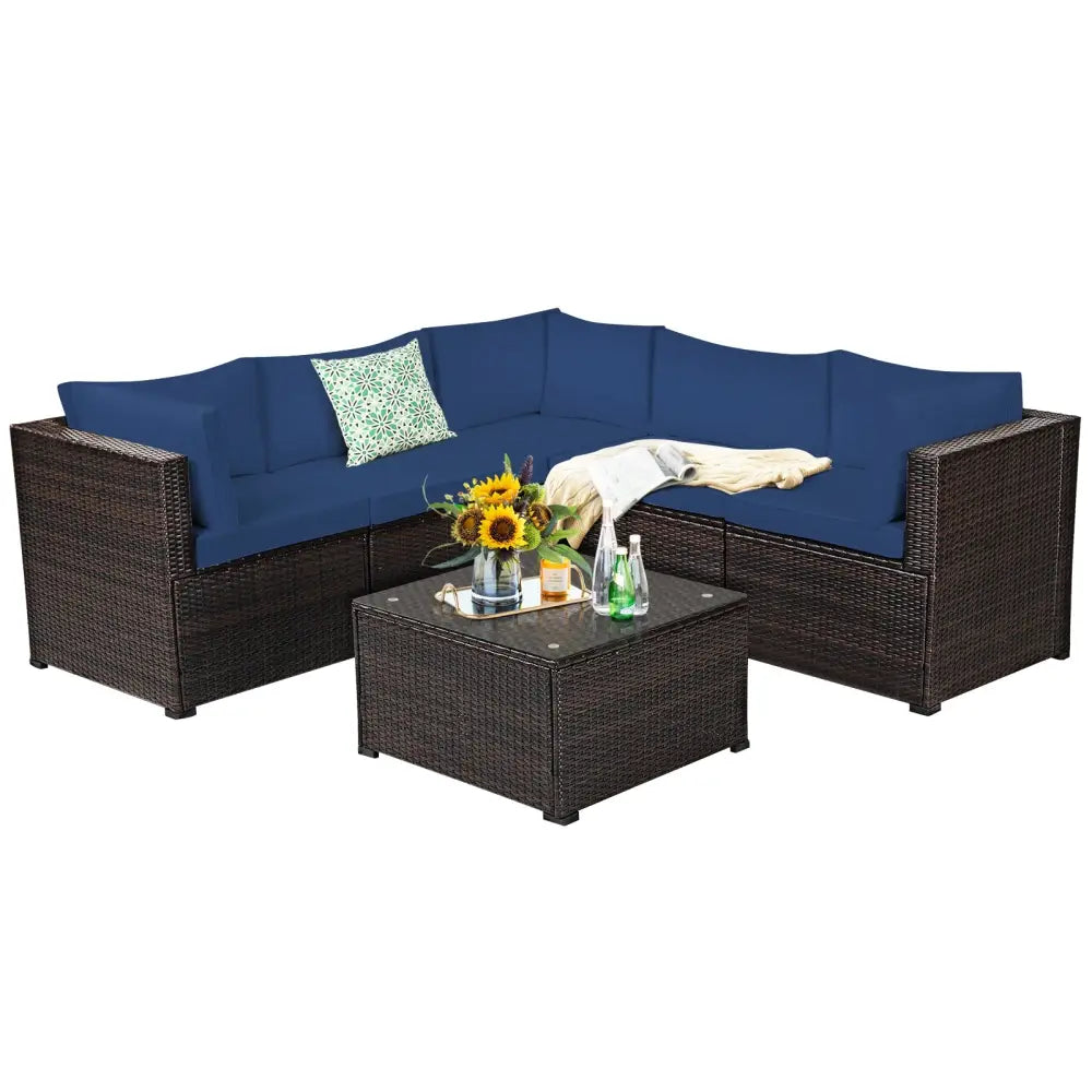 6 Pieces Patio Furniture Sofa Set with Cushions for Outdoor-Navy - Navy - Outdoor Sectionals