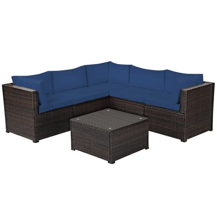6 Pieces Patio Furniture Sofa Set with Cushions for Outdoor-Navy - Navy - Outdoor Sectionals