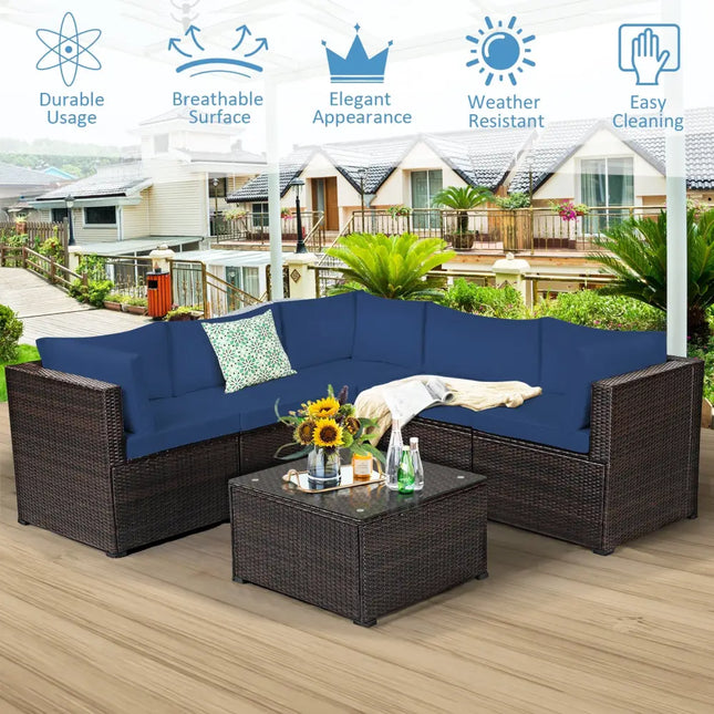 6 Pieces Patio Furniture Sofa Set with Cushions for Outdoor-Navy - Navy - Outdoor Sectionals
