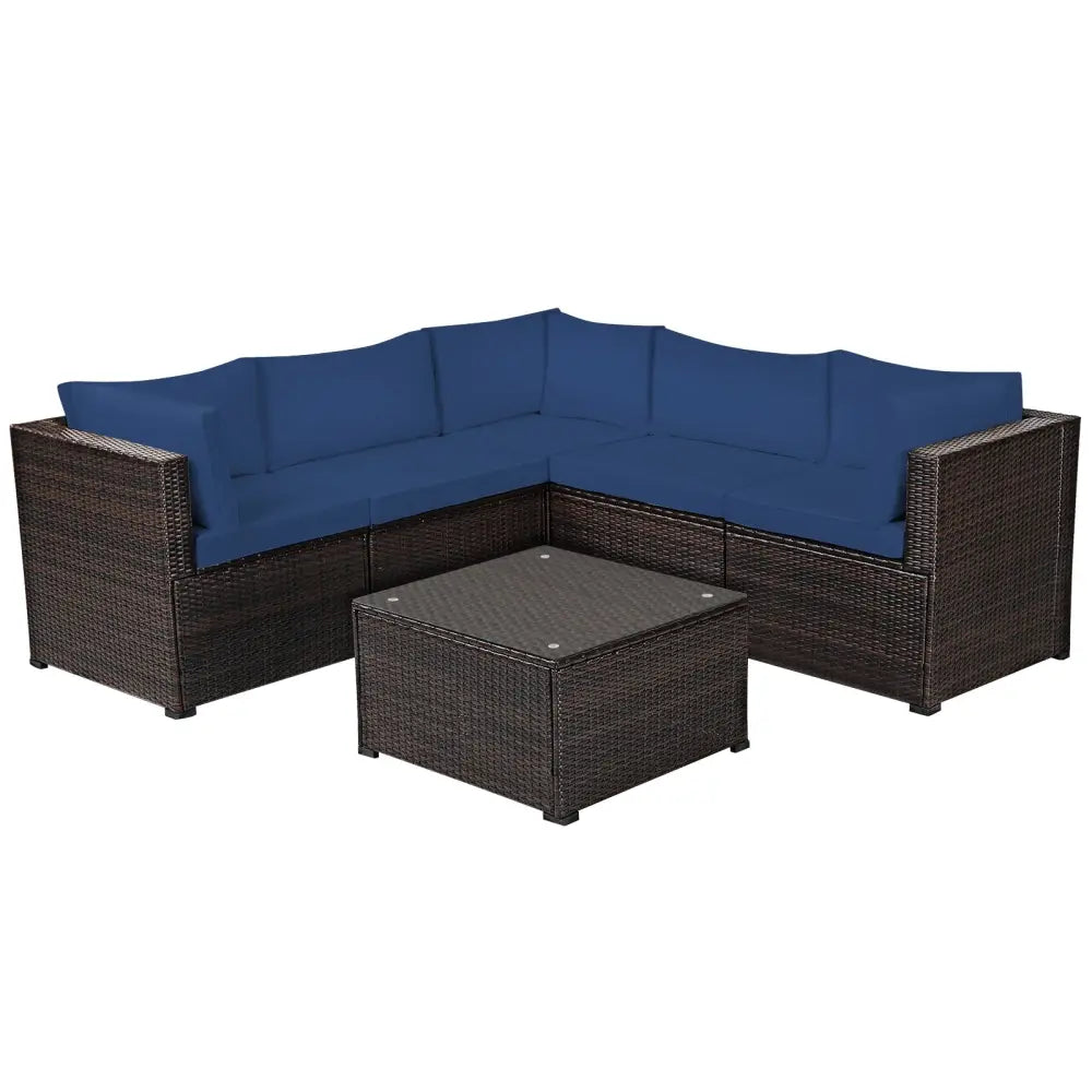 6 Pieces Patio Furniture Sofa Set with Cushions for Outdoor-Navy - Navy - Outdoor Sectionals