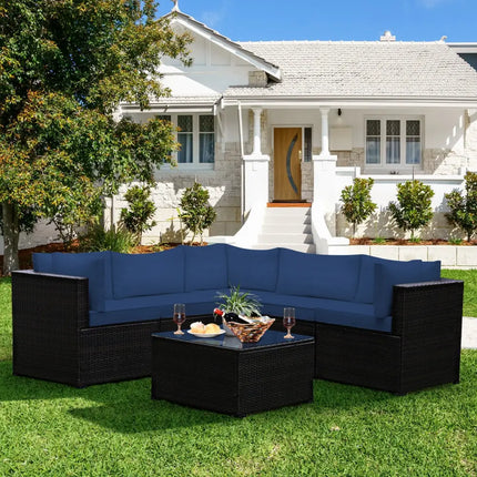 6 Pieces Patio Furniture Sofa Set with Cushions for Outdoor-Navy - Navy - Outdoor Sectionals