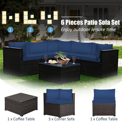 6 Pieces Patio Furniture Sofa Set with Cushions for Outdoor-Navy - Navy - Outdoor Sectionals