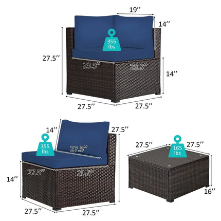6 Pieces Patio Furniture Sofa Set with Cushions for Outdoor-Navy - Navy - Outdoor Sectionals