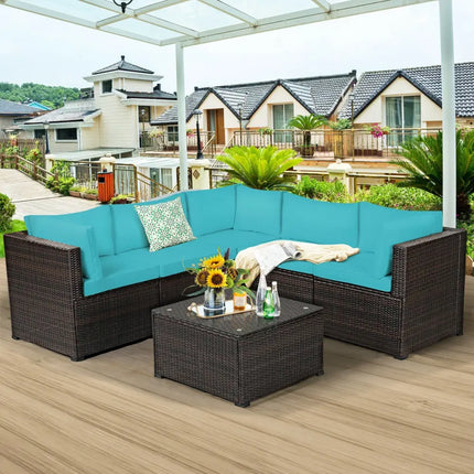 6 Pieces Patio Furniture Sofa Set with Cushions for Outdoor-Turquoise - Turquoise - Outdoor Sectionals