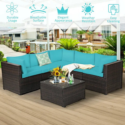 6 Pieces Patio Furniture Sofa Set with Cushions for Outdoor-Turquoise - Turquoise - Outdoor Sectionals