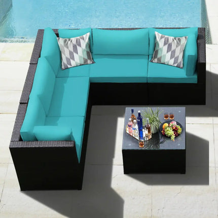 6 Pieces Patio Furniture Sofa Set with Cushions for Outdoor-Turquoise - Turquoise - Outdoor Sectionals