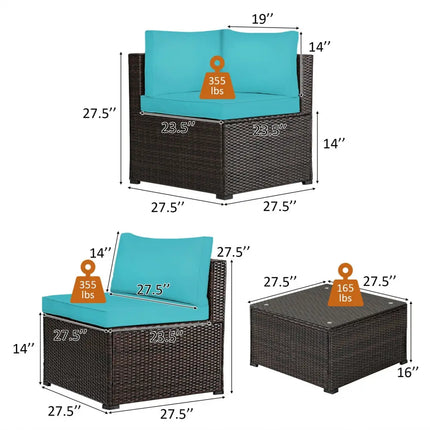 6 Pieces Patio Furniture Sofa Set with Cushions for Outdoor-Turquoise - Turquoise - Outdoor Sectionals