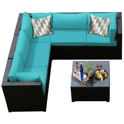 6 Pieces Patio Furniture Sofa Set with Cushions for Outdoor-Turquoise - Turquoise - Outdoor Sectionals