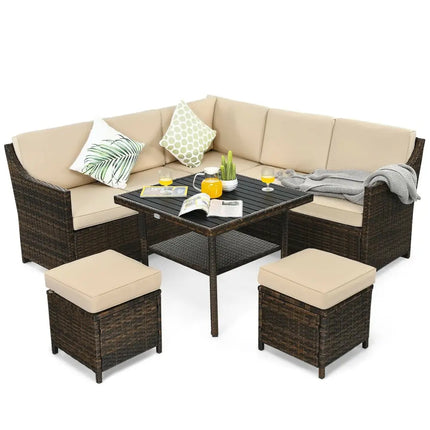 6 Pieces Patio Rattan Dining Sofa Funiture Set - Brown - Outdoor Sectionals