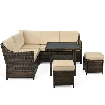 6 Pieces Patio Rattan Dining Sofa Funiture Set - Brown - Outdoor Sectionals