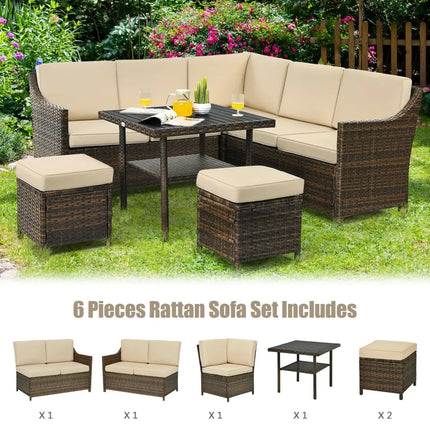 6 Pieces Patio Rattan Dining Sofa Funiture Set - Brown - Outdoor Sectionals