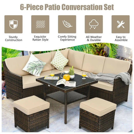 6 Pieces Patio Rattan Dining Sofa Funiture Set - Brown - Outdoor Sectionals