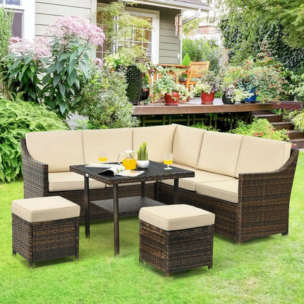 6 Pieces Patio Rattan Dining Sofa Funiture Set - Brown - Outdoor Sectionals