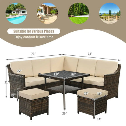 6 Pieces Patio Rattan Dining Sofa Funiture Set - Brown - Outdoor Sectionals