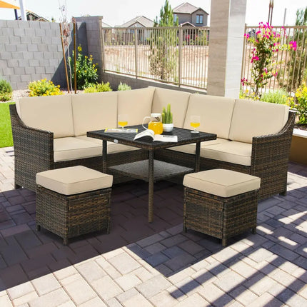 6 Pieces Patio Rattan Dining Sofa Funiture Set - Brown - Outdoor Sectionals