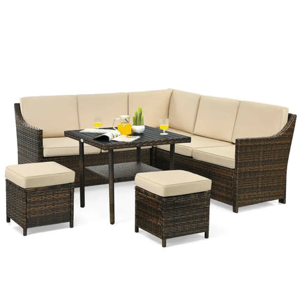 6 Pieces Patio Rattan Dining Sofa Funiture Set - Brown - Outdoor Sectionals