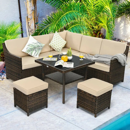 6 Pieces Patio Rattan Dining Sofa Funiture Set - Brown - Outdoor Sectionals