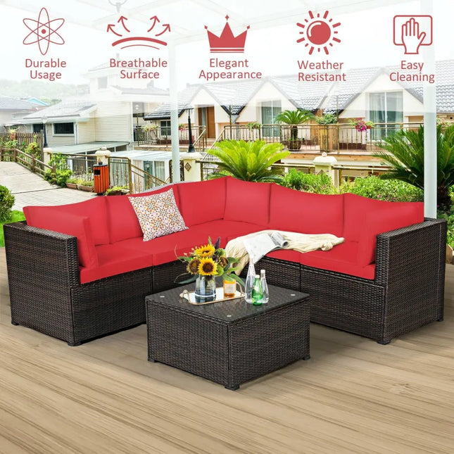 6 Pieces Patio Rattan Furniture Set Sectional Cushioned Sofa Deck-Red - Red - Outdoor Sectionals