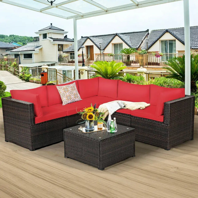6 Pieces Patio Rattan Furniture Set Sectional Cushioned Sofa Deck-Red - Red - Outdoor Sectionals