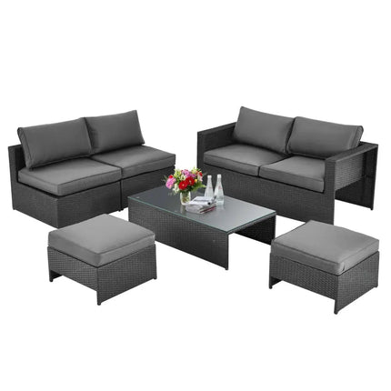 6 Pieces Patio Rattan Furniture Set Space Saving Cushioned No Assembly-Gray - Gray - Outdoor Sectionals