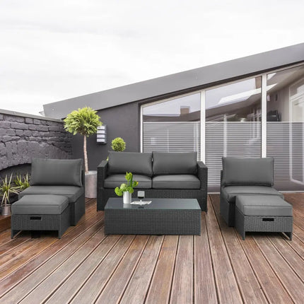 6 Pieces Patio Rattan Furniture Set Space Saving Cushioned No Assembly-Gray - Gray - Outdoor Sectionals