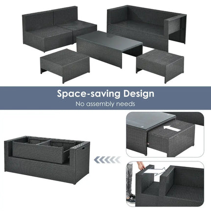 6 Pieces Patio Rattan Furniture Set Space Saving Cushioned No Assembly-Gray - Gray - Outdoor Sectionals