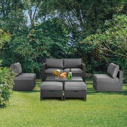 6 Pieces Patio Rattan Furniture Set Space Saving Cushioned No Assembly-Gray - Gray - Outdoor Sectionals