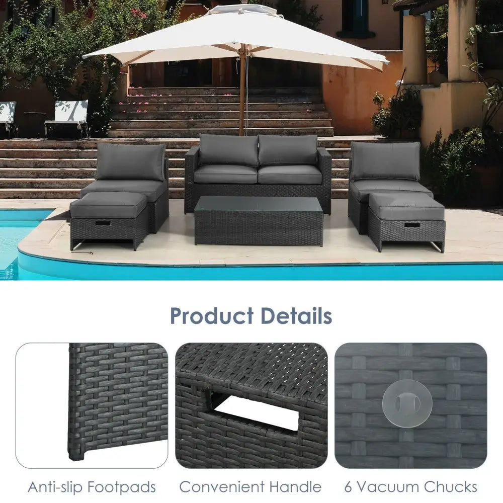 6 Pieces Patio Rattan Furniture Set Space Saving Cushioned No Assembly-Gray - Gray - Outdoor Sectionals