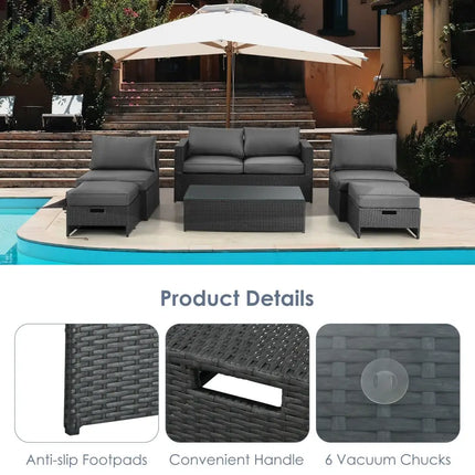 6 Pieces Patio Rattan Furniture Set Space Saving Cushioned No Assembly-Gray - Gray - Outdoor Sectionals