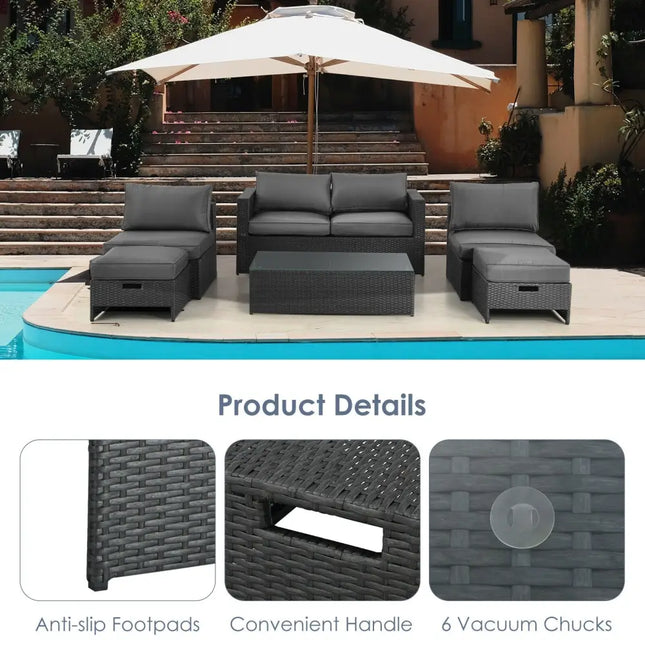 6 Pieces Patio Rattan Furniture Set Space Saving Cushioned No Assembly-Gray - Gray - Outdoor Sectionals