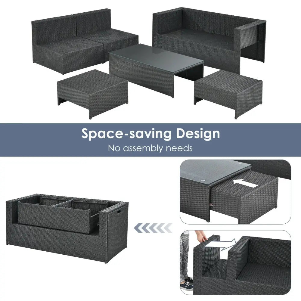 6 Pieces Patio Rattan Furniture Set Space Saving Cushioned No Assembly-Gray - Gray - Outdoor Sectionals