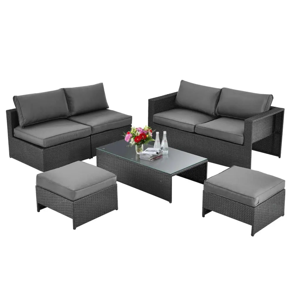 6 Pieces Patio Rattan Furniture Set Space Saving Cushioned No Assembly-Gray - Gray - Outdoor Sectionals