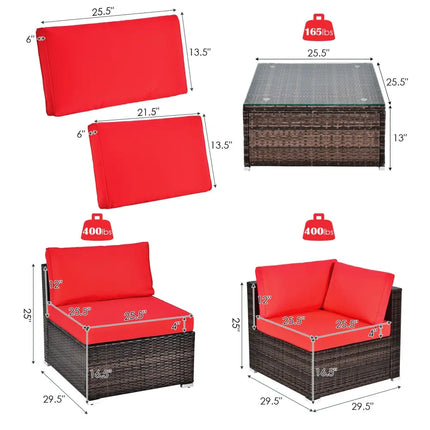 6 Pieces Patio Rattan Furniture Set with Cushions and Glass Coffee Table-Red - Red - Outdoor Sectionals