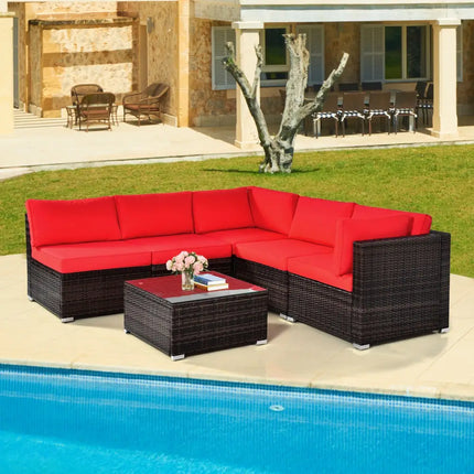 6 Pieces Patio Rattan Furniture Set with Cushions and Glass Coffee Table-Red - Red - Outdoor Sectionals