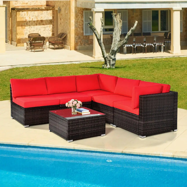 6 Pieces Patio Rattan Furniture Set with Cushions and Glass Coffee Table-Red - Red - Outdoor Sectionals