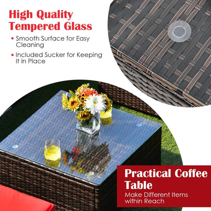 6 Pieces Patio Rattan Furniture Set with Cushions and Glass Coffee Table-Red - Red - Outdoor Sectionals