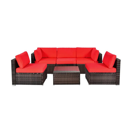 6 Pieces Patio Rattan Furniture Set with Cushions and Glass Coffee Table-Red - Red - Outdoor Sectionals