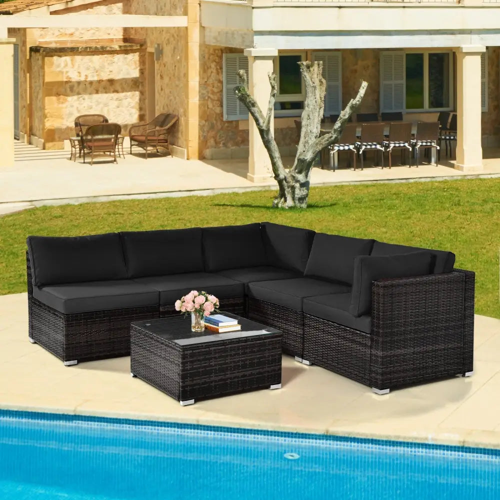 6 Pieces Patio Rattan Furniture Set with Cushions and Glass Coffee Table-Black - Black - Outdoor Sectionals